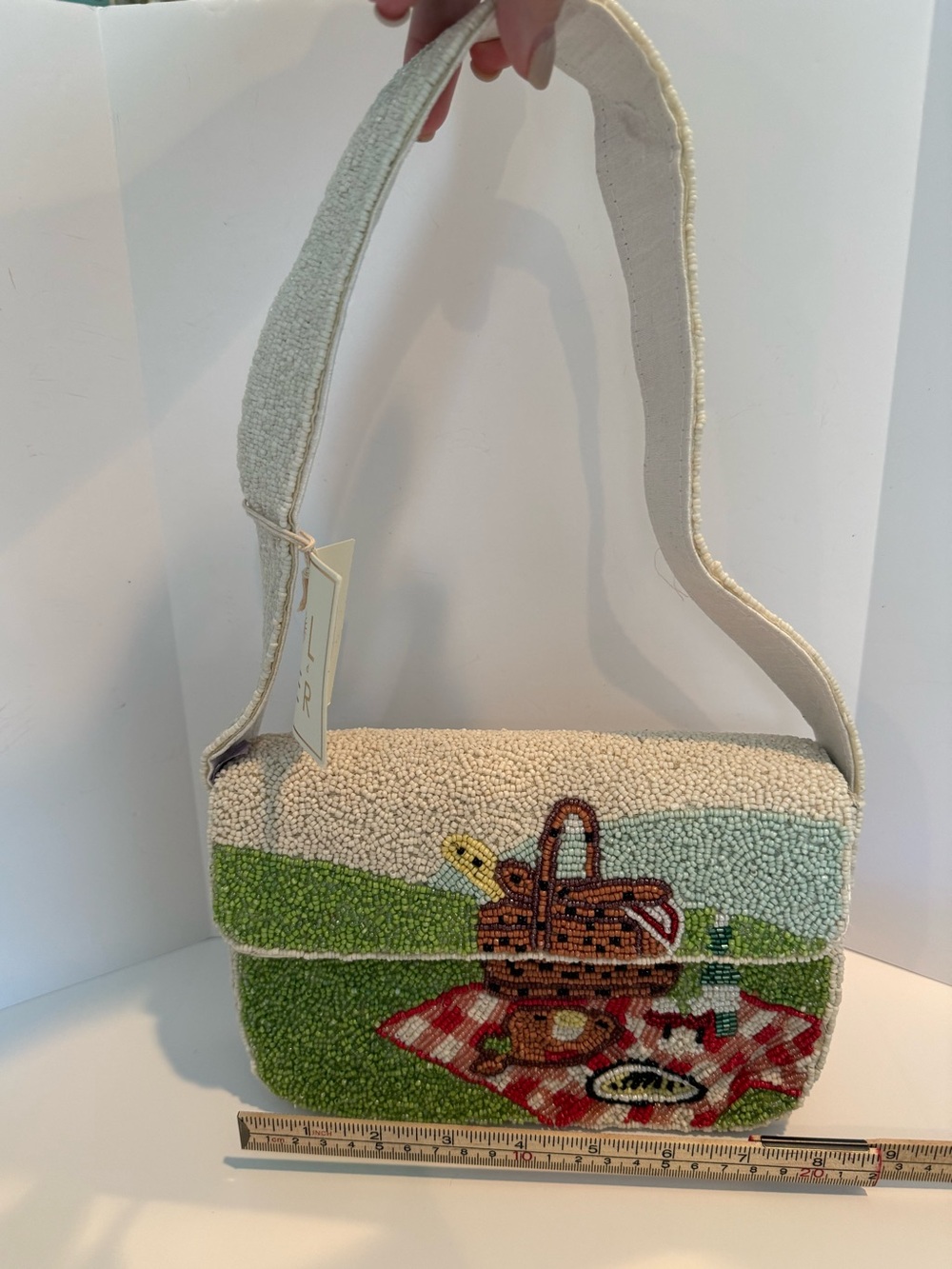 * Beaded Picnic Scene Crossbody Bag in Cream and Green